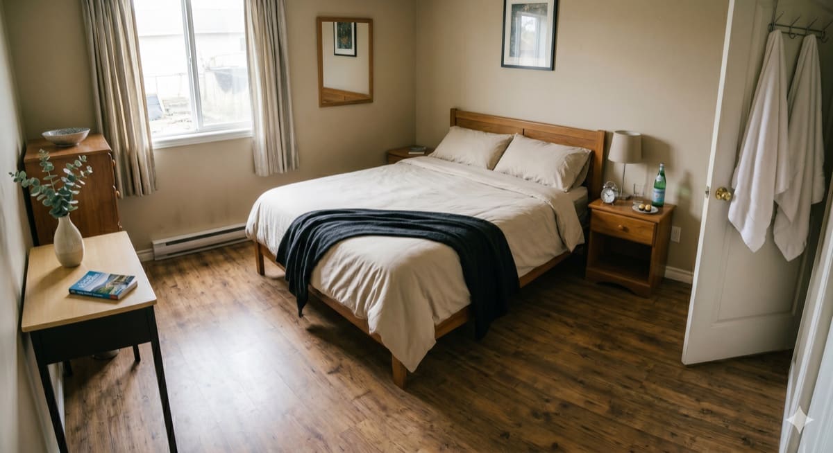 Same bedroom spotless after CLEANROVA turnover clean — fresh linens, clear surfaces