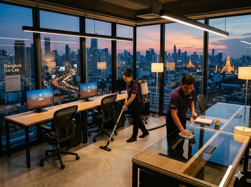 CLEANROVA crew cleaning a modern Bangkok office at dusk
