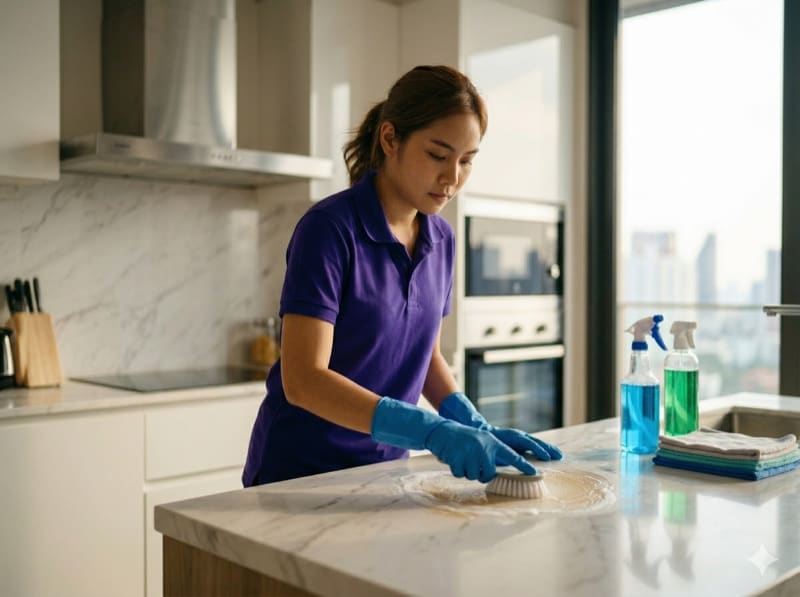 Deep cleaning of a modern bathroom in Bangkok by CLEANROVA crew