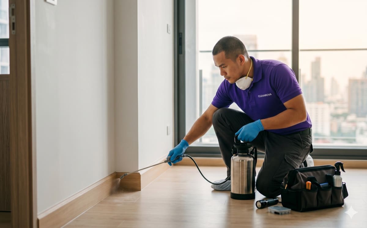 CLEANROVA pest control technician treating a condo baseboard in Bangkok