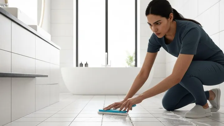 Cleaner hand-scrubbing tile grout lines on a Bangkok condo bathroom floor