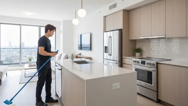 Cleaner mopping an open-plan Bangkok condo kitchen during a deep cleaning session