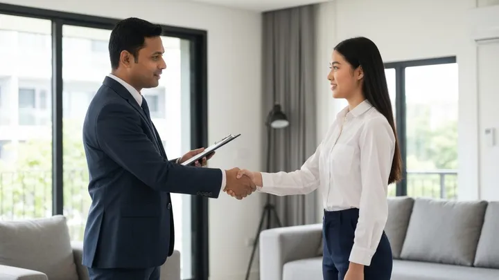 Tenant shaking hands with landlord at a Bangkok condo handover after a deposit-back deep clean