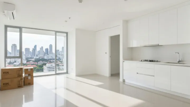 Empty Bangkok condo with moving boxes cleaned spotless for the landlord handover inspection