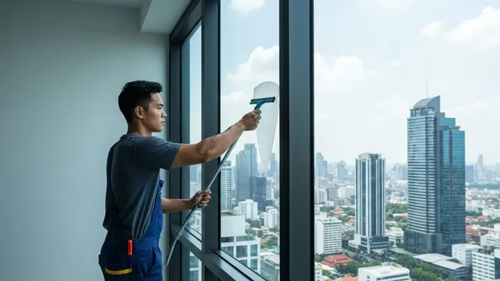 Technician squeegeeing interior window glass with the Bangkok skyline behind