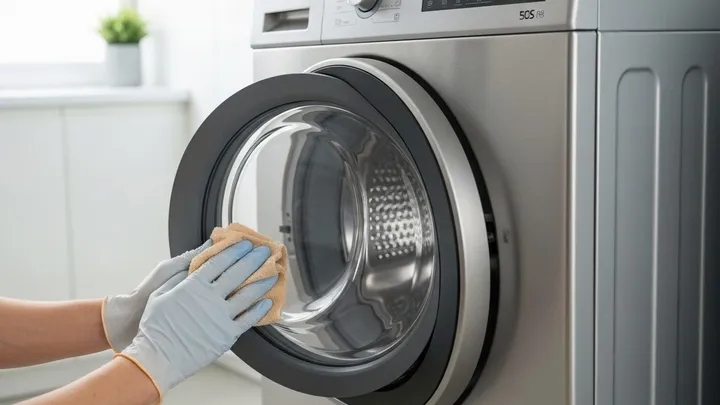 Technician wiping down and sanitizing a washing machine door seal