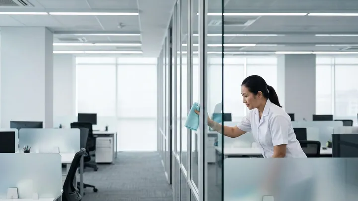 Cleaner wiping glass partitions in a bright Bangkok office