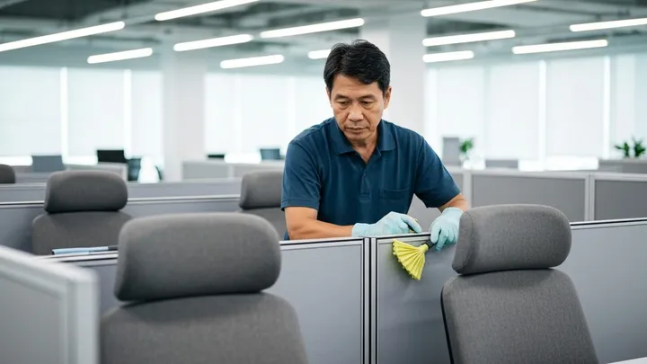 Technician cleaning fabric office chairs and partitions in a Bangkok office