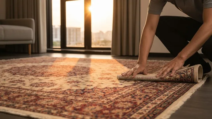 Technician rolling a Persian rug in a Bangkok condo at sunset