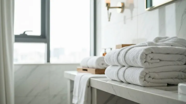 Fresh towels and toiletries arranged on a marble bathroom counter after a restocking visit